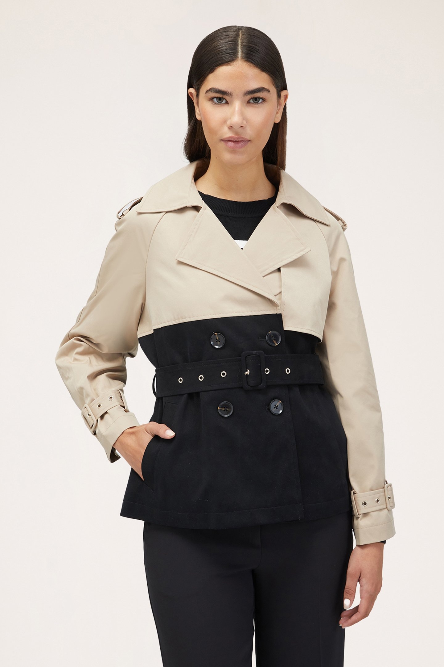 SHORT TWO-COLOUR TRENCH COAT BEIGE 1