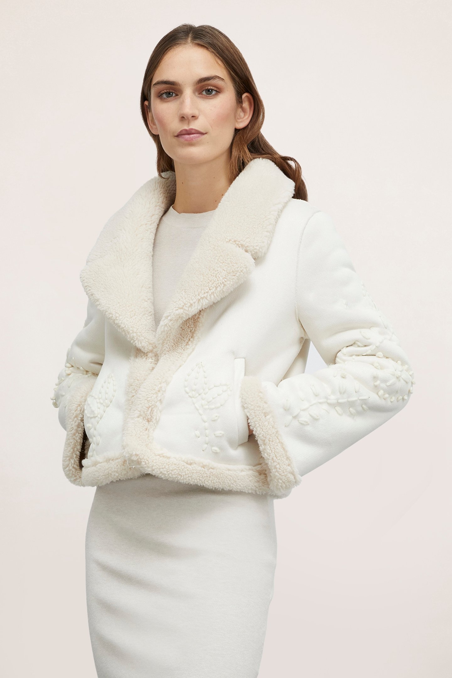 SHEEPSKIN COAT-EFFECT EMBROIDERED JACKET WHITE 1