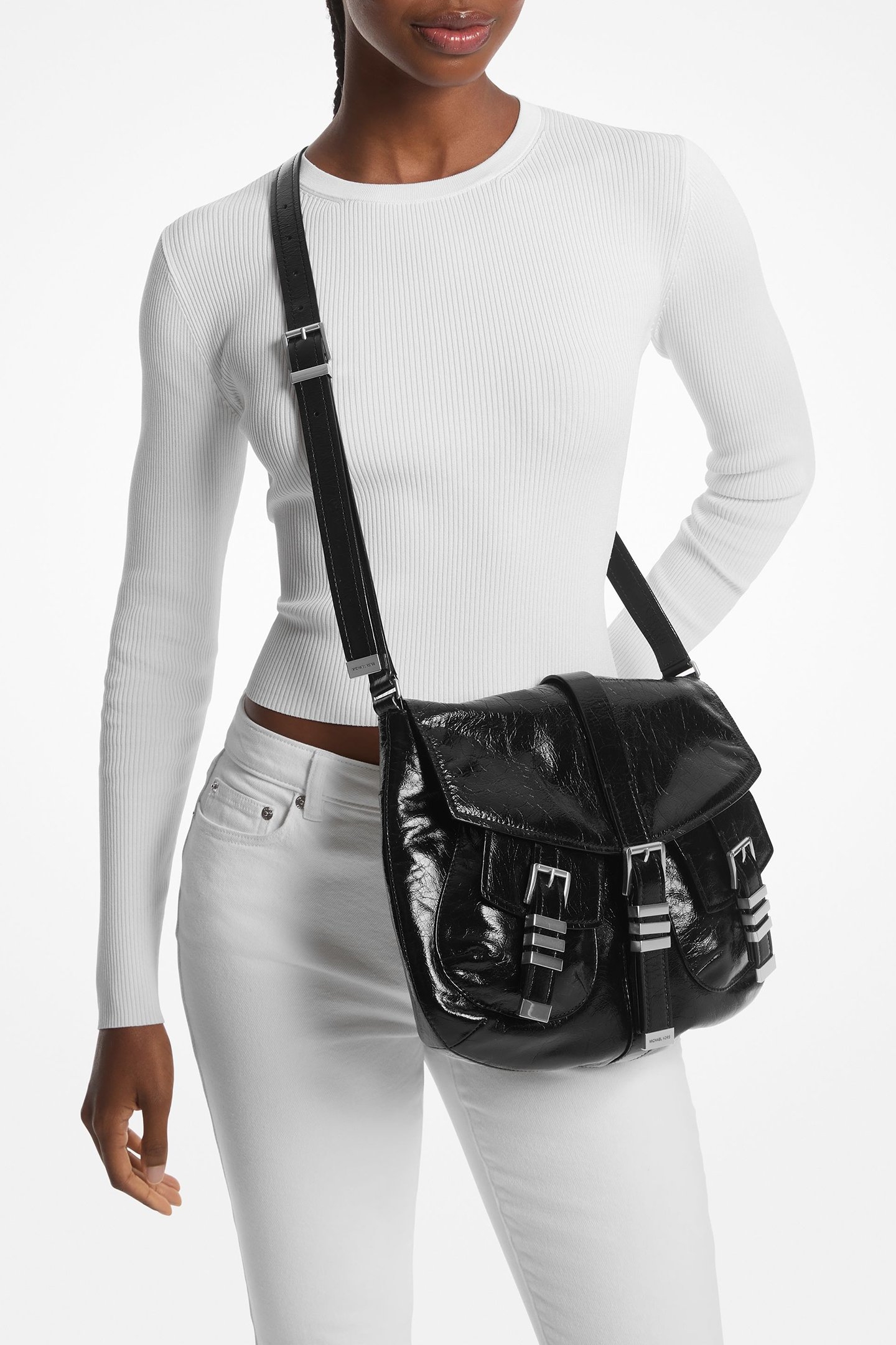LEATHER SHOULDER BAG WITH BUCKLE DETAILS IN BLACK 2