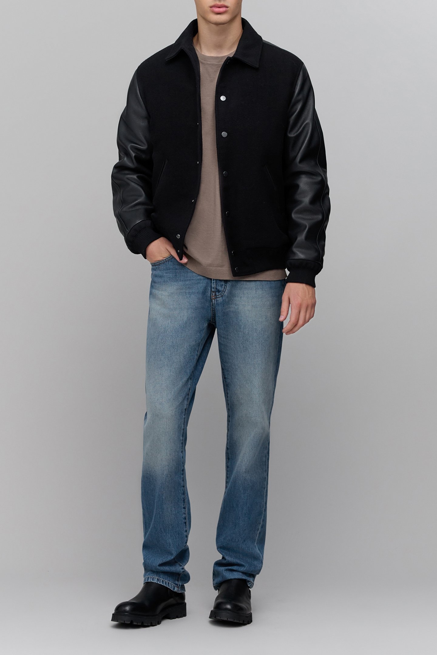 BLACK MIXED CHROME-FREE LEATHER VARSITY JACKET BLACK 3