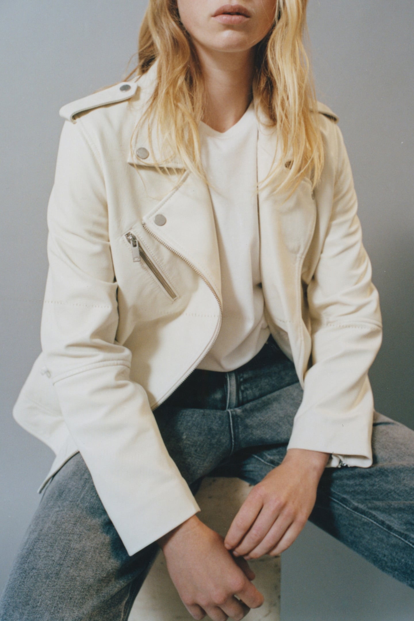 ECRU LEATHER BIKER JACKET WITH ZIPPED POCKETS OFF-WHITE 7