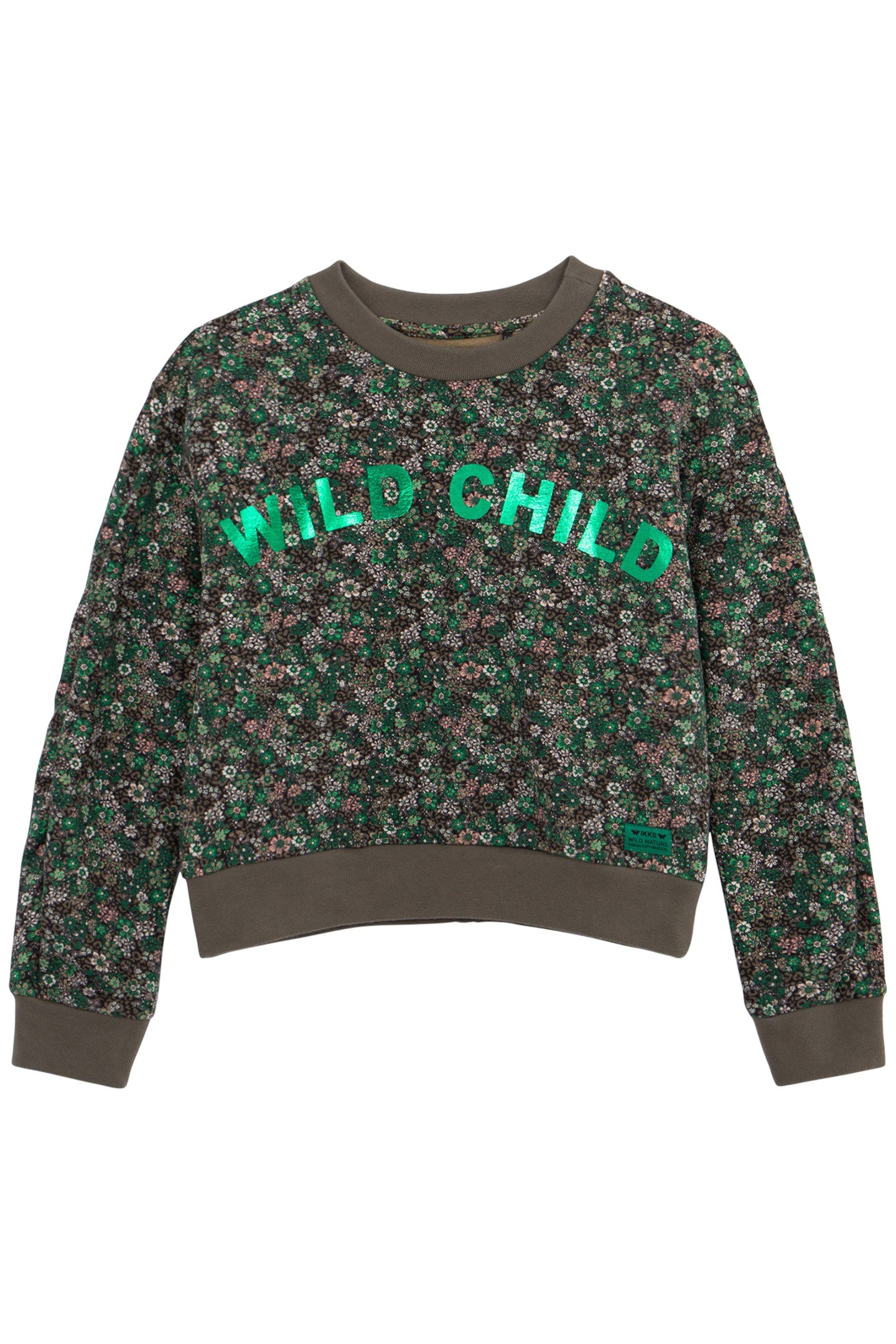 GIRL'S GREEN FLORAL-LEOPARD SWEATSHIRT, METALLIC SLOGAN 1