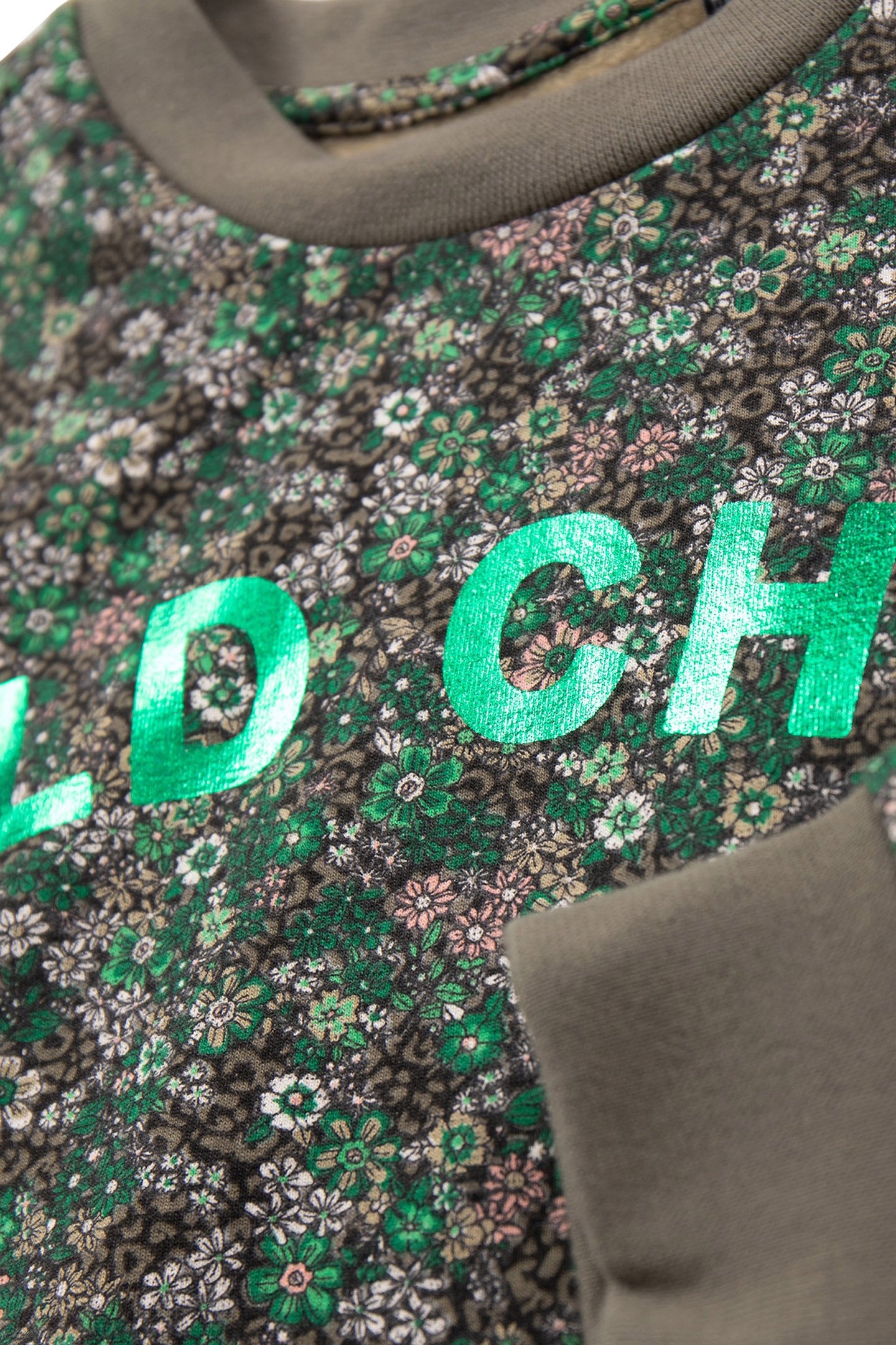 GIRL'S GREEN FLORAL-LEOPARD SWEATSHIRT, METALLIC SLOGAN 6