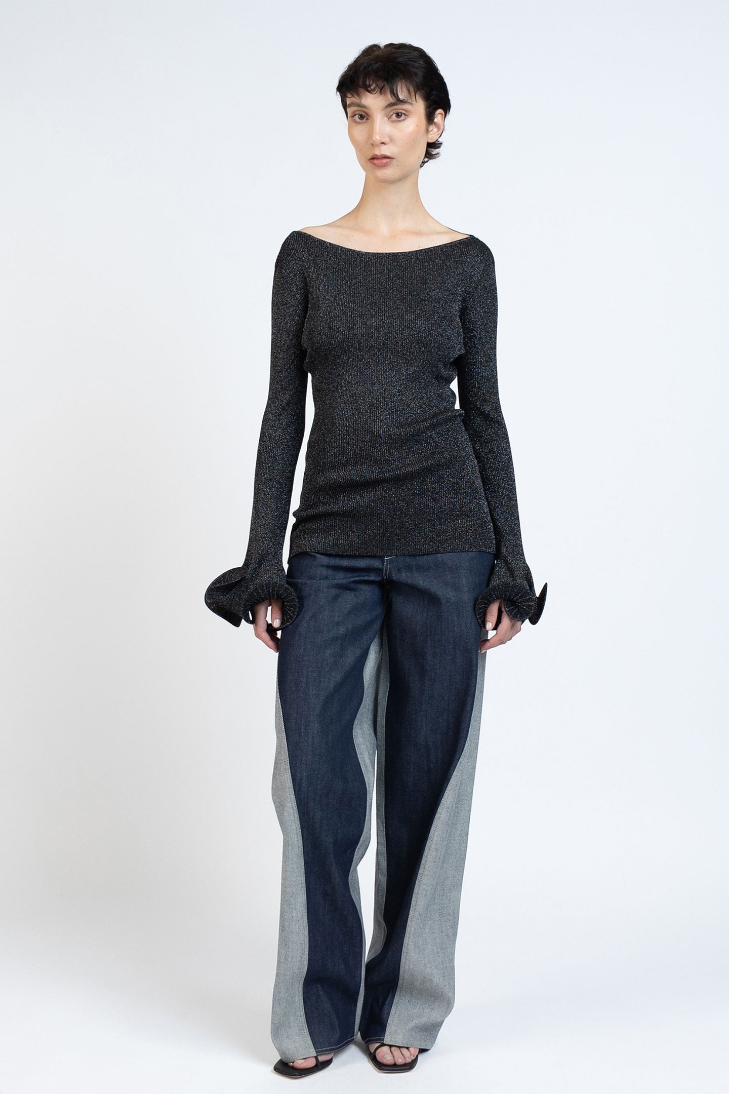 KNIT FITTED LONGLEEVE TOP BLACK LUREX 1