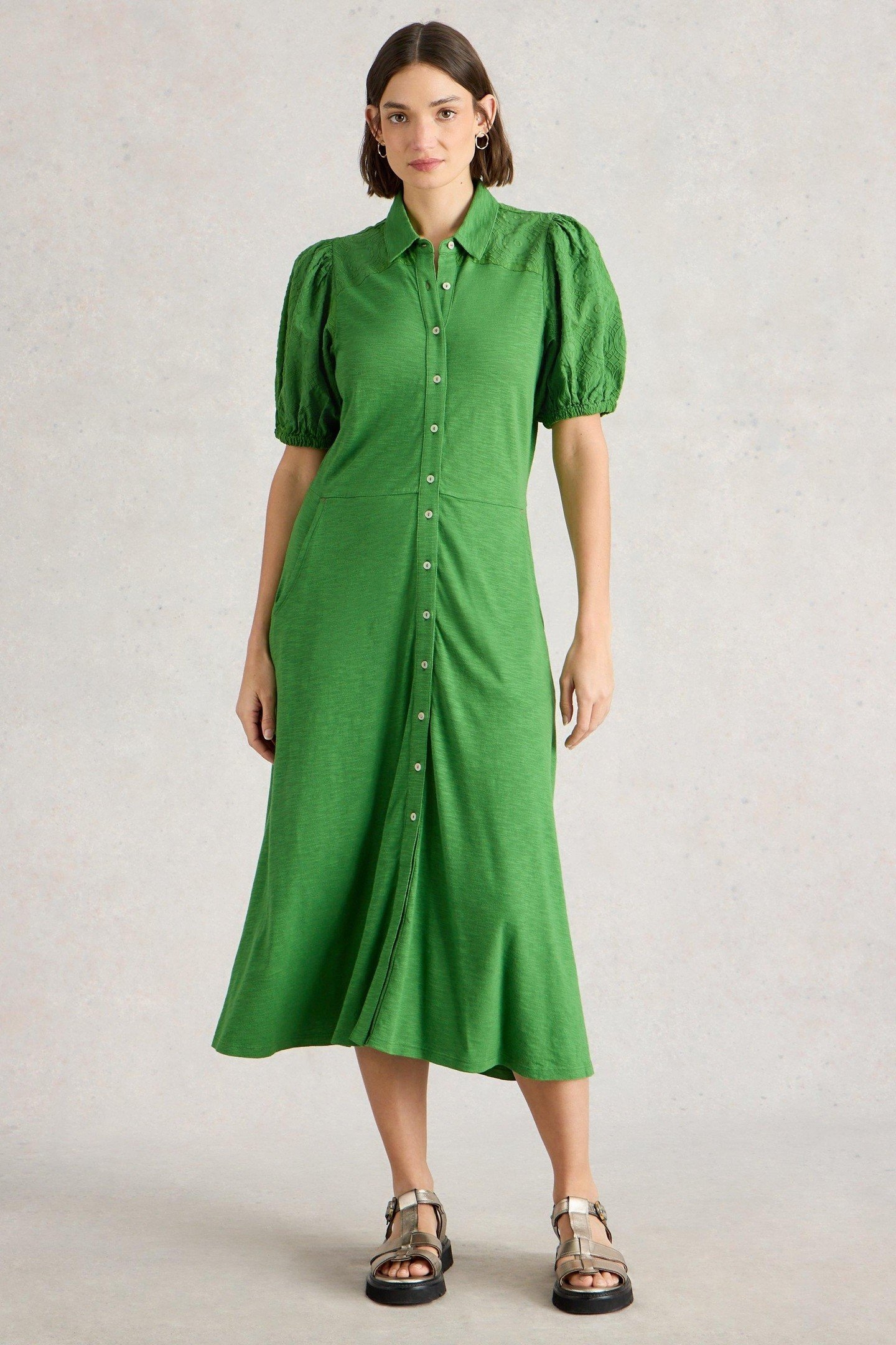 RUA BRODERIE SHIRT DRESS MID GREEN 1