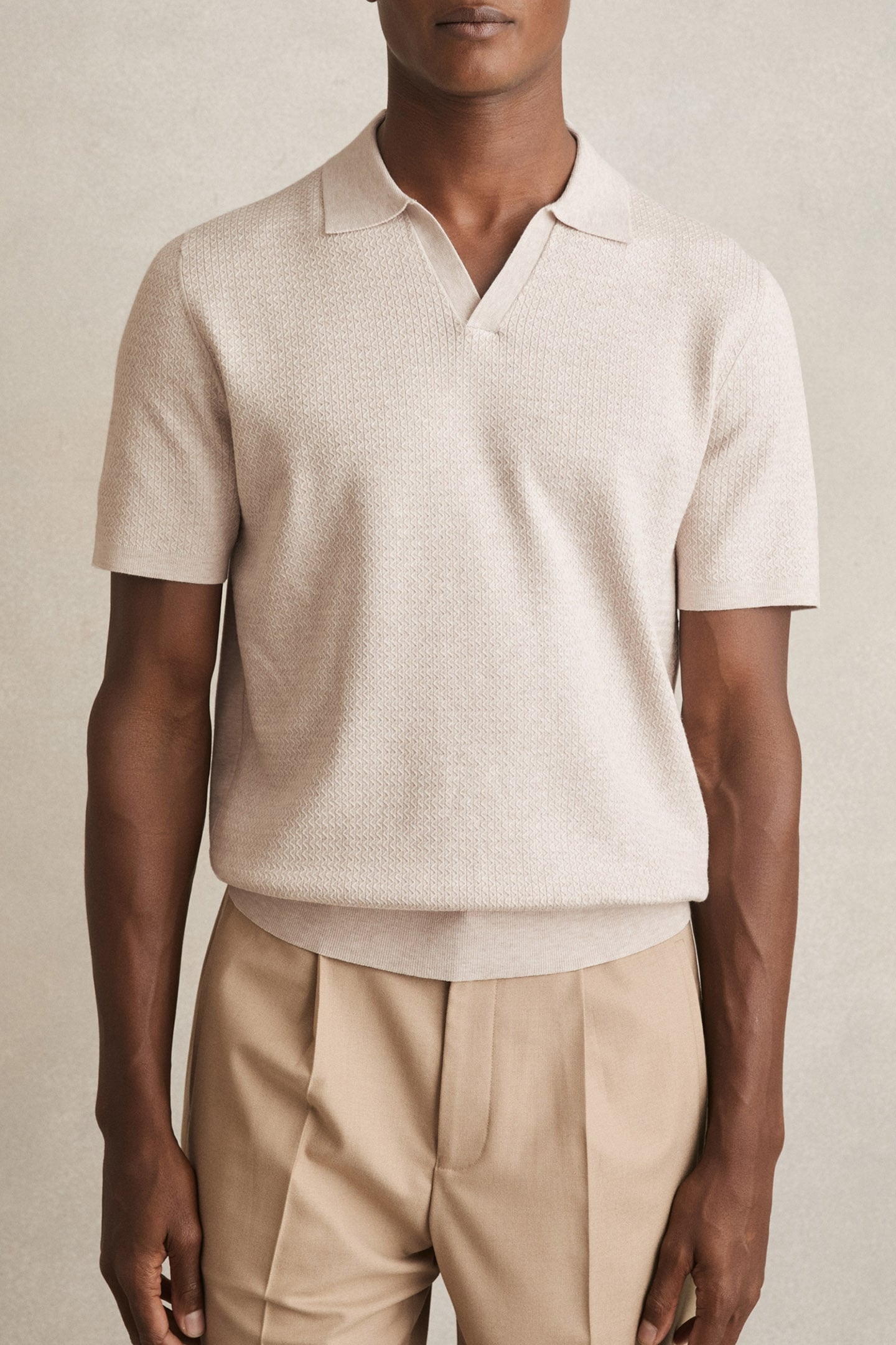 SS OPEN COLLAR SOFT TEXTURED POLO OATMEAL MELANGE 1