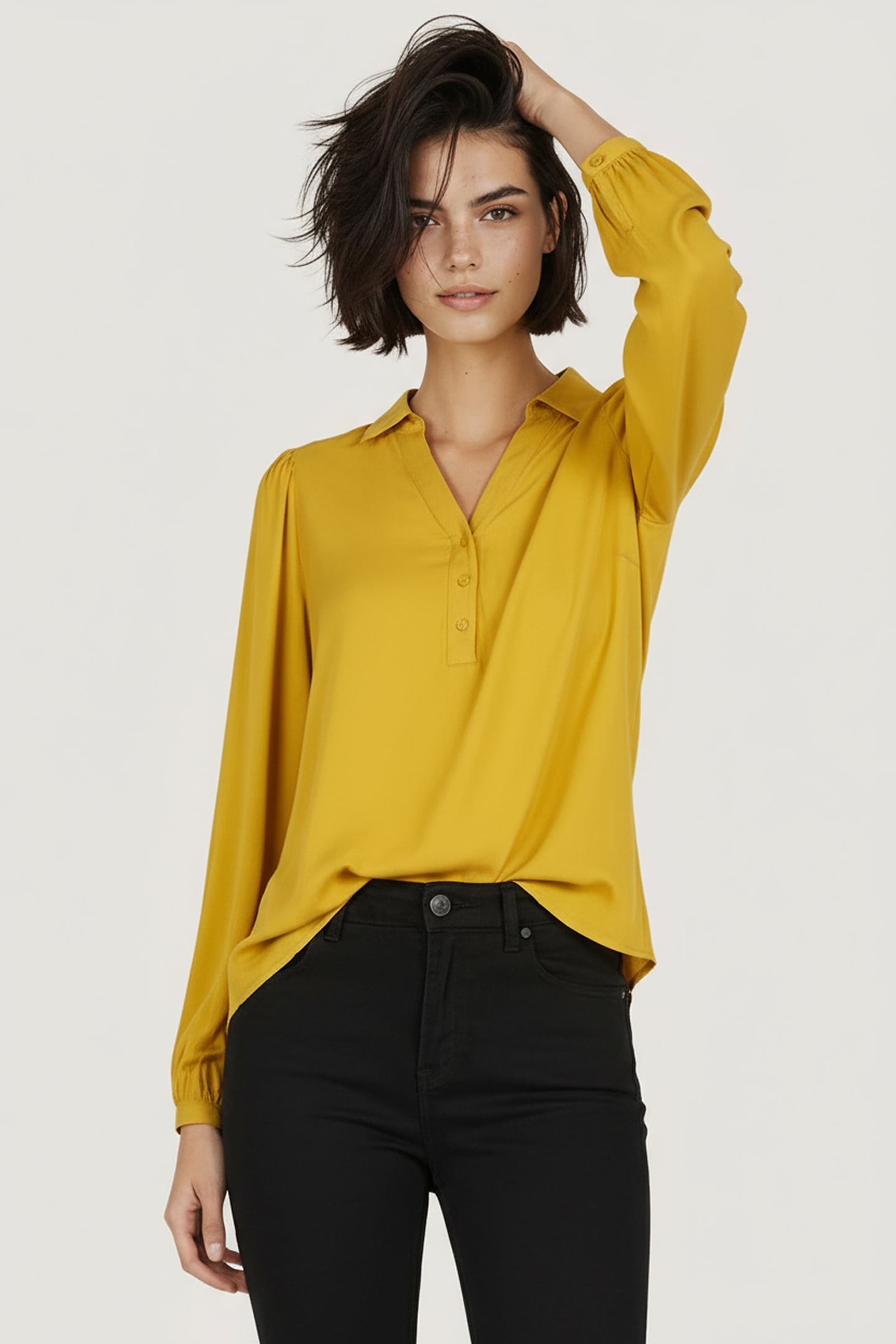 TOP MODAL V-NECK BUTTON OCHRE 1