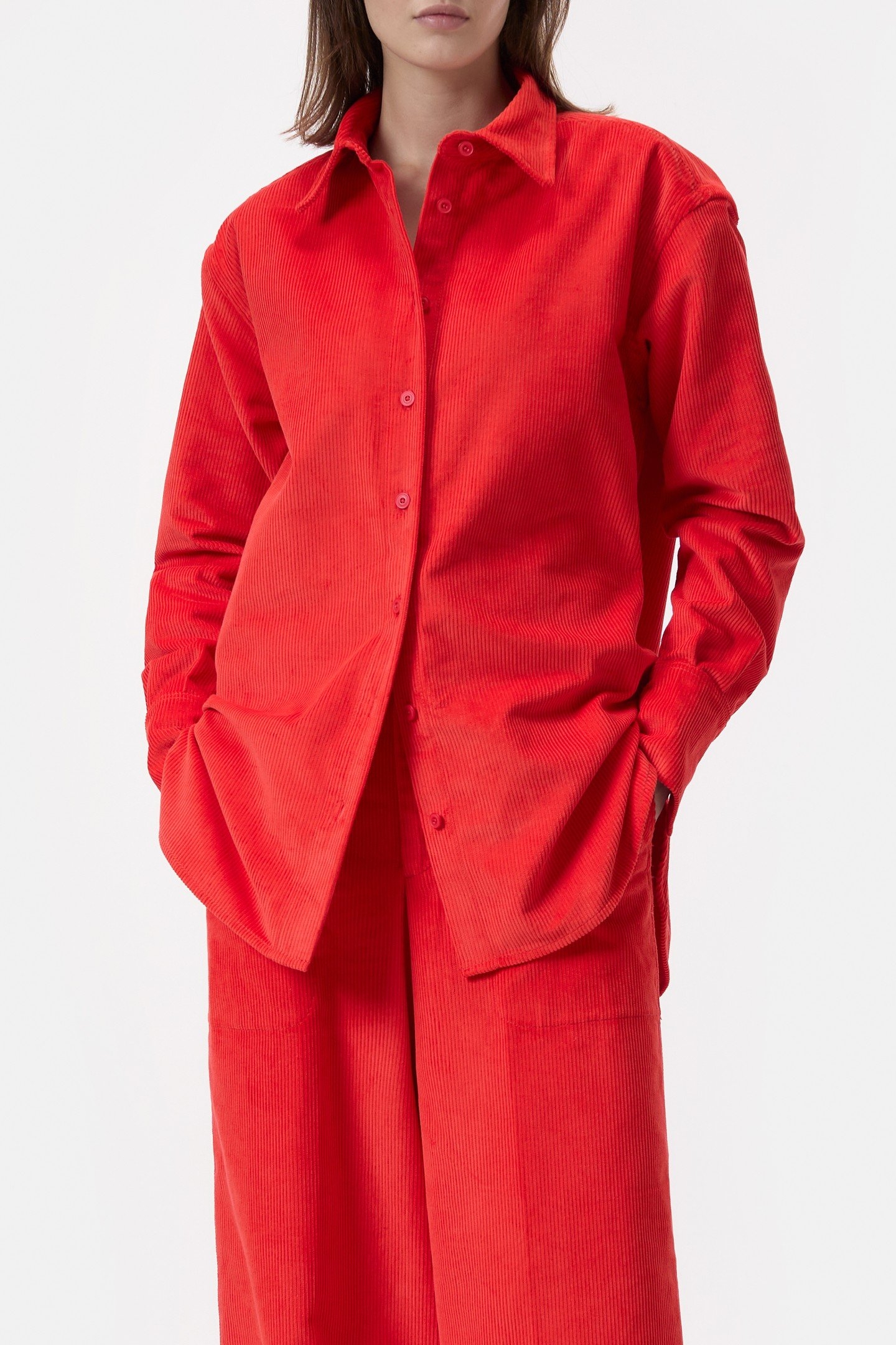 CLASSY LONG CUFF BLOUSE SHIRT HIBISCUS RED 1