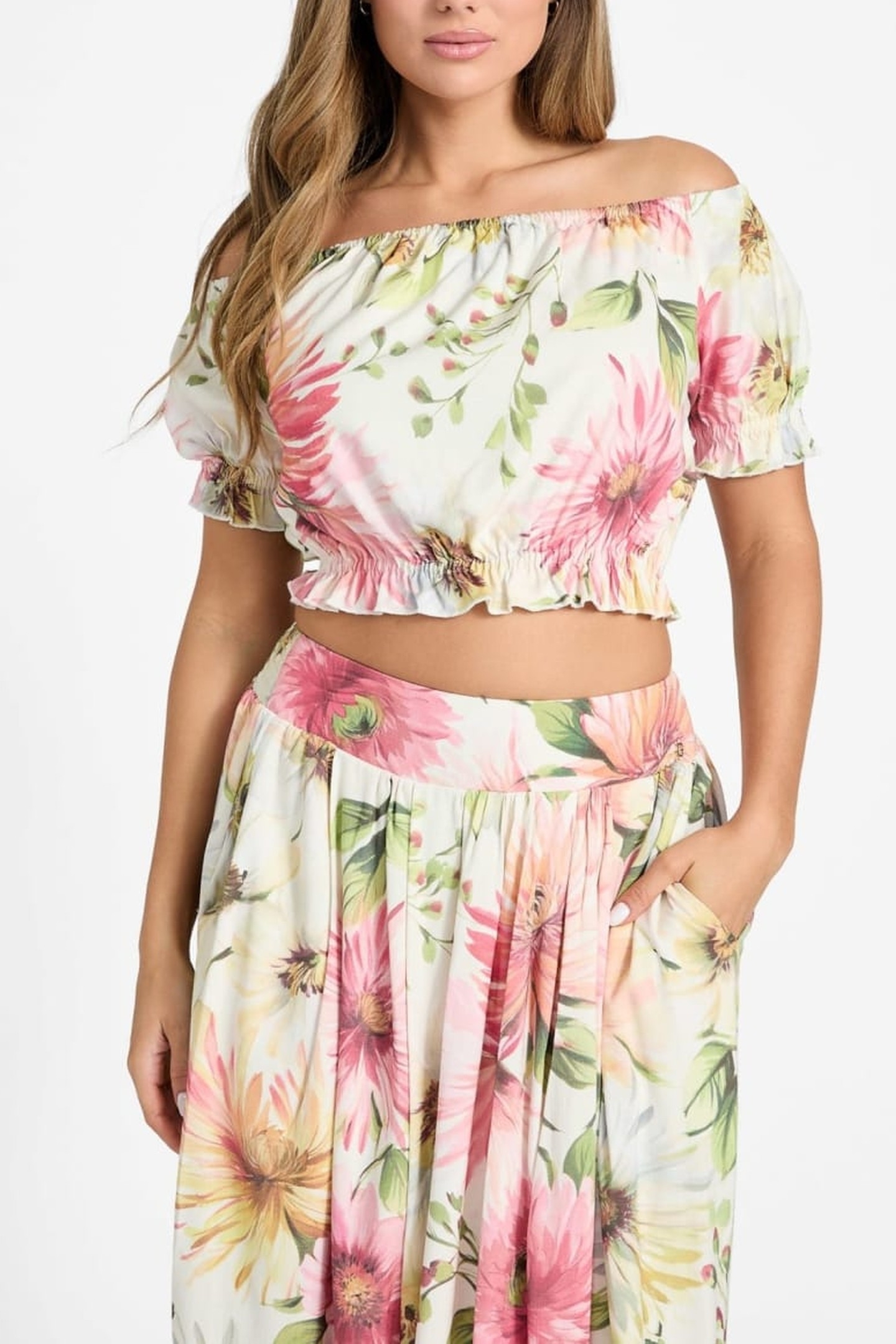 GUESS ECO OFF SHOULDER ELODIE PAINTED DAISIES PRIN 7