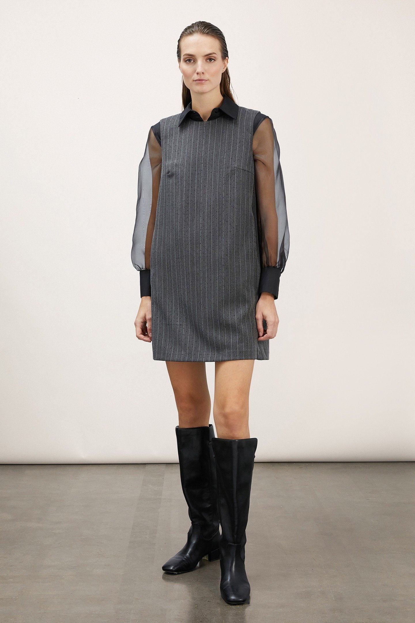 LONG PINSTRIPED SHEATH DRESS WITH CRYSTALS GREY 2