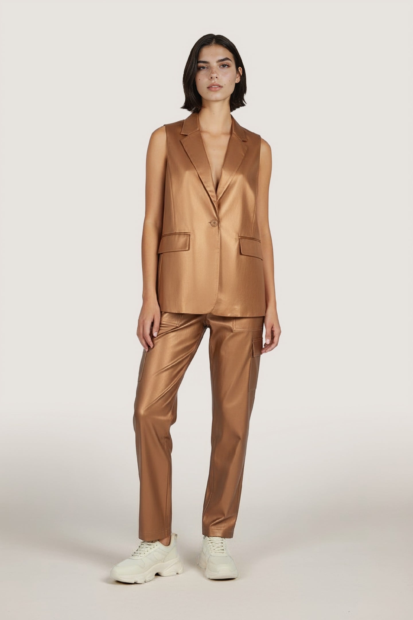 GILET LONG VEGAN LEATHER BRANDY 1