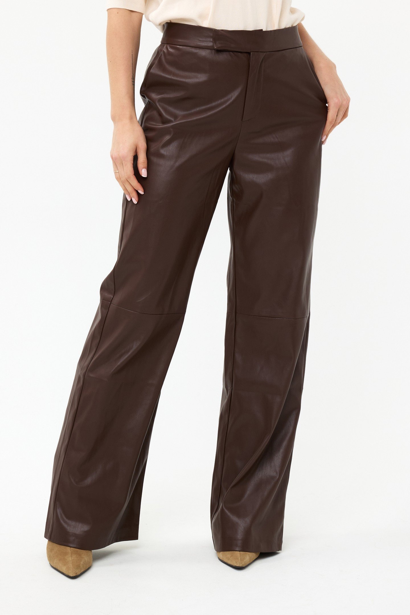 TROUSERS WIDE VEGAN LEATHER CHOCOLATE 4