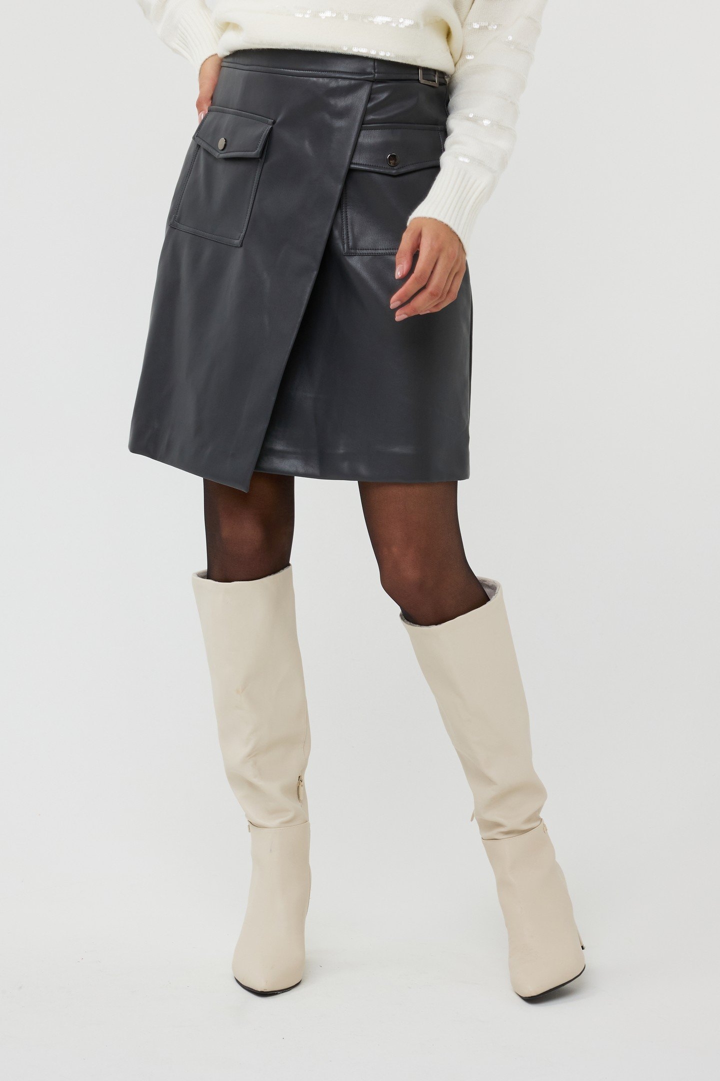 SKIRT OVERLAP VEGAN LEATHER GREY 2