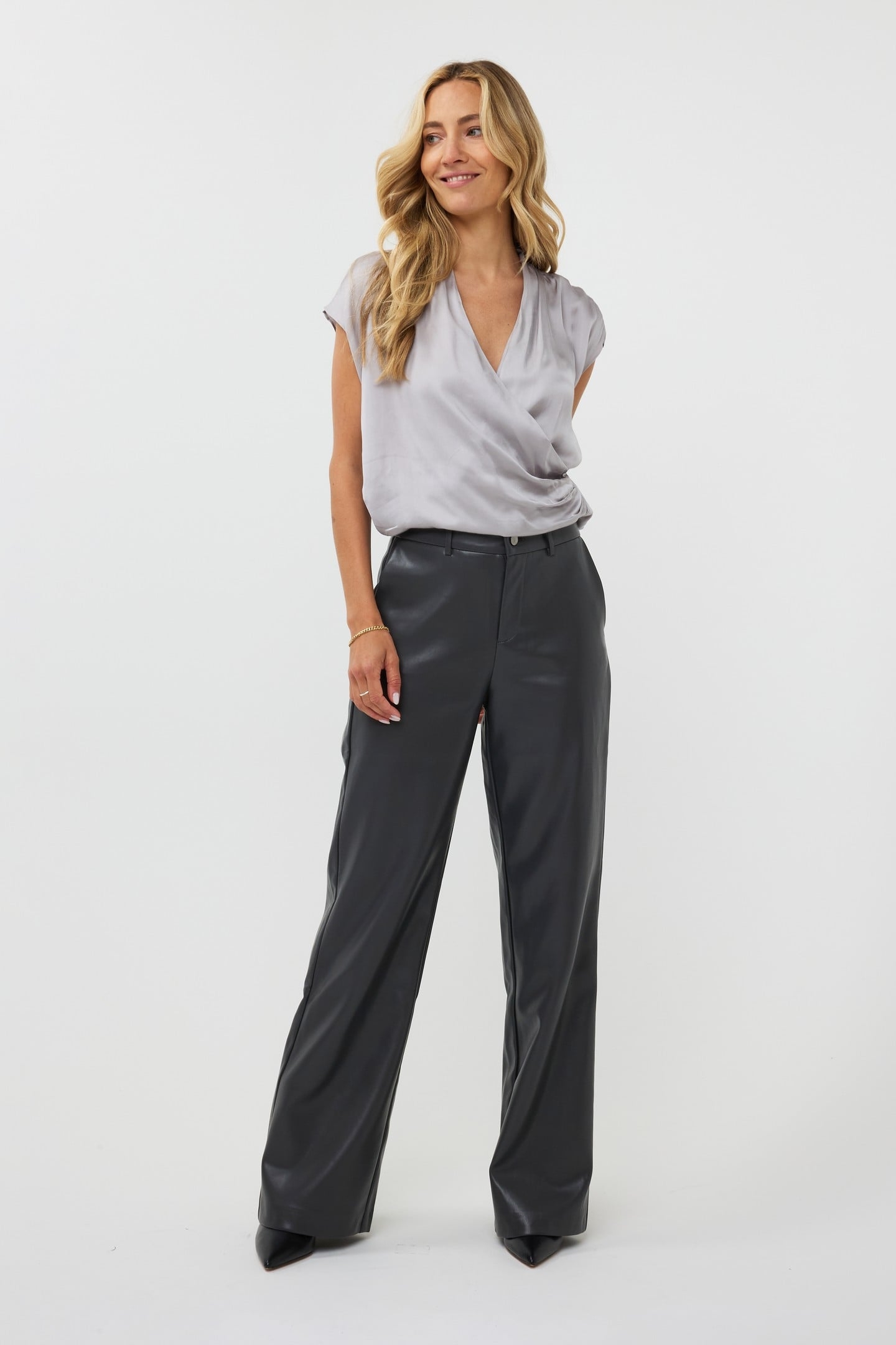 BLOUSE SATIN OVERLAP GATHERING LIGHT GREY 2