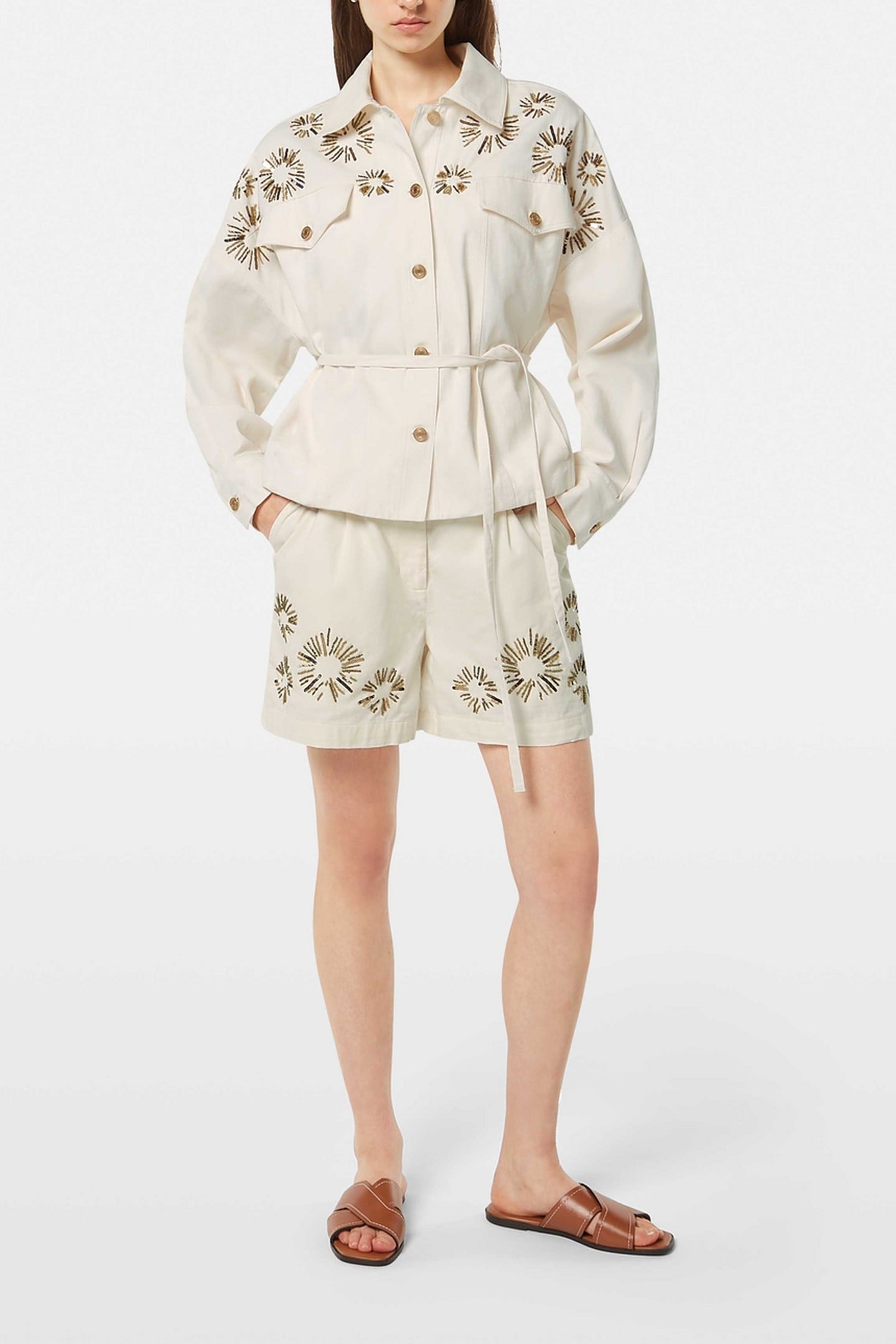 EMBELLISHED BELTED COTTON TRUCKER JACKET SOFT ICE 1