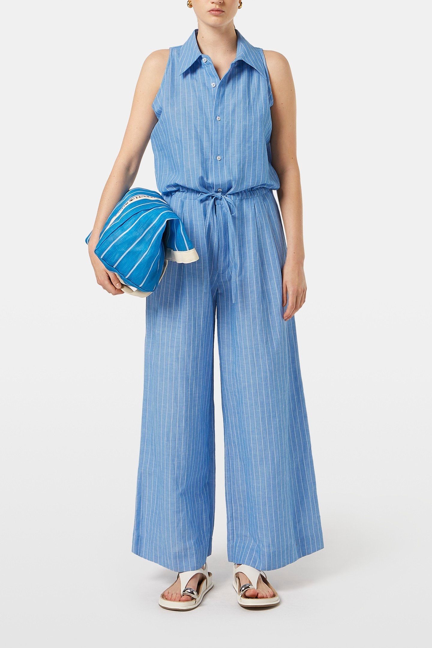 HALTER LINEN JUMPSUIT BLUE AND WHITE PIN STRIPE 1