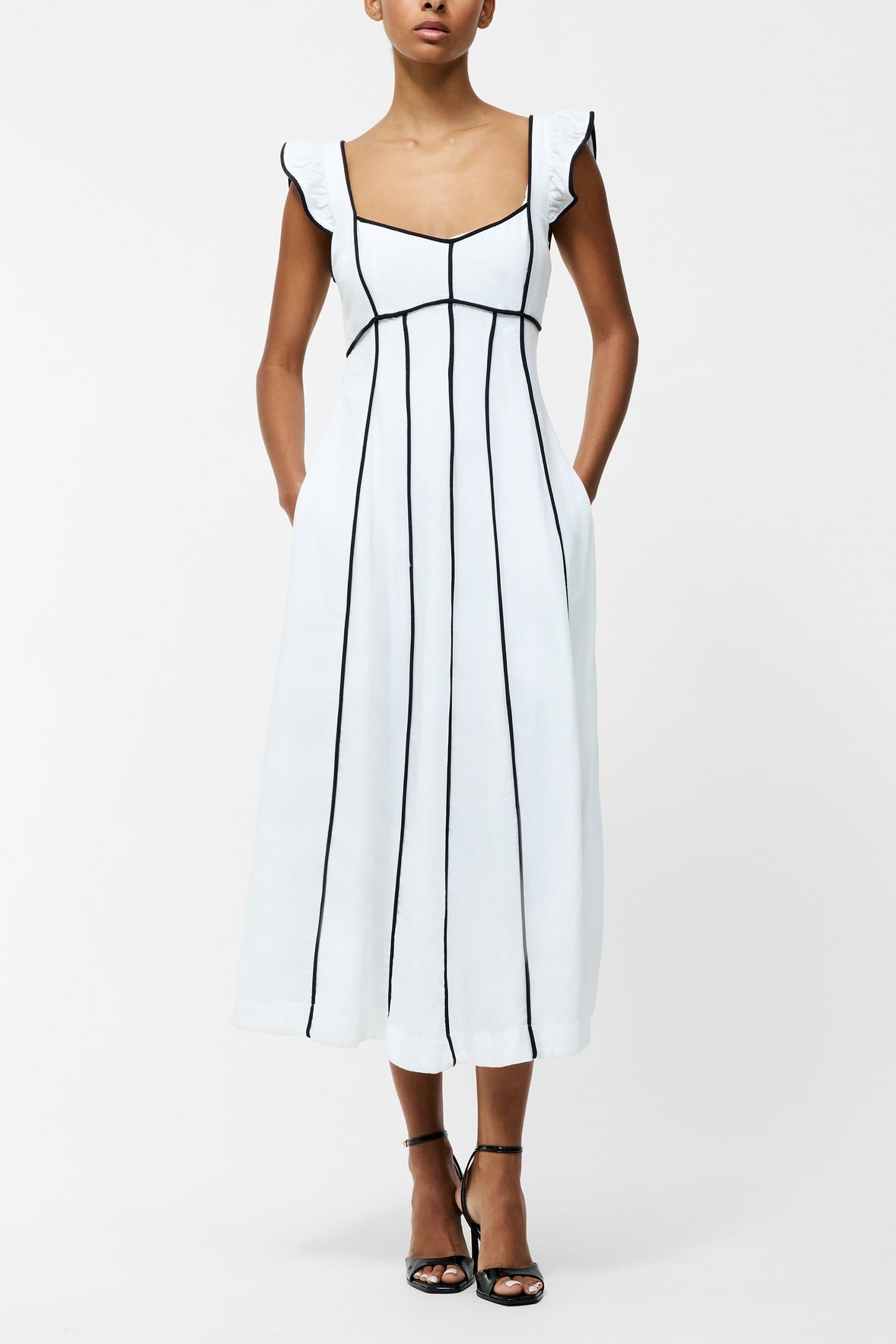 ARIETTE LINEN LONG FLARED DRSS LINEN WHITE/BLACK 1