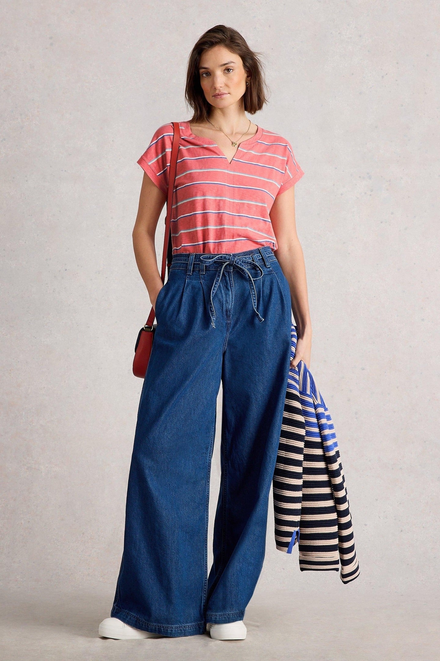 NELLY NOTCH STRIPE NECK TEE CORAL MULTI 1