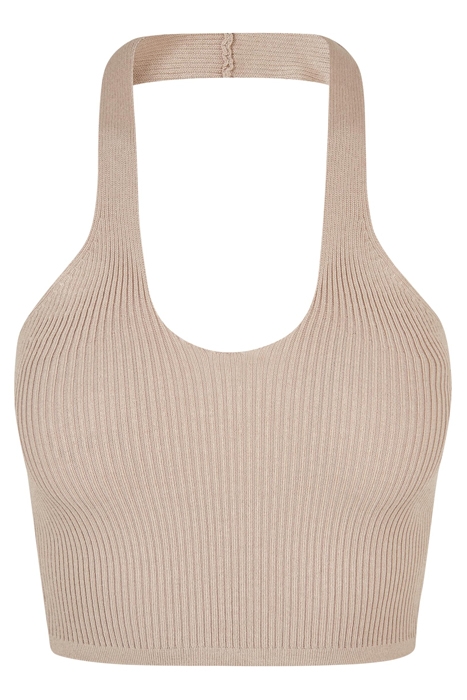 LADIES RIB KNIT CROSSED NECKHOLDER TOP LIGHTTAUPE 1