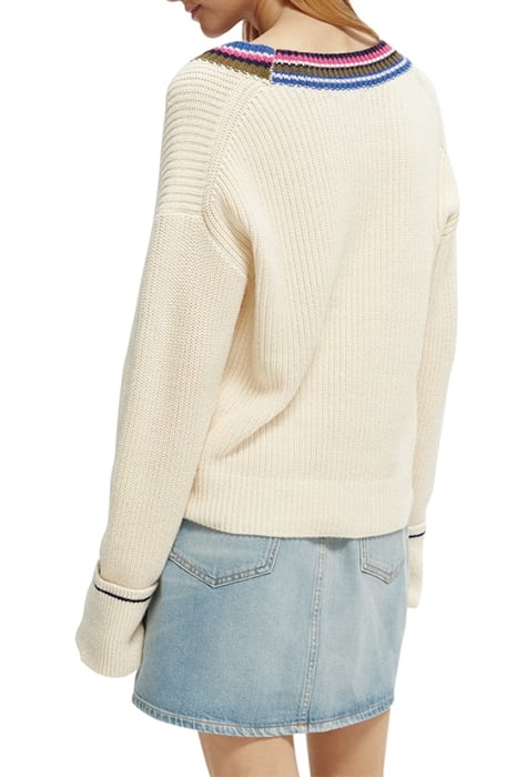 COLOURED TRIM V-NECK PULLOVER WHITE SAND MELANGE 3