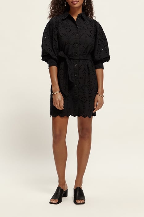 PUFF SLEEVE EMBROIDERED ORGANIC COTTON SHIRT DRESS BLACK 3