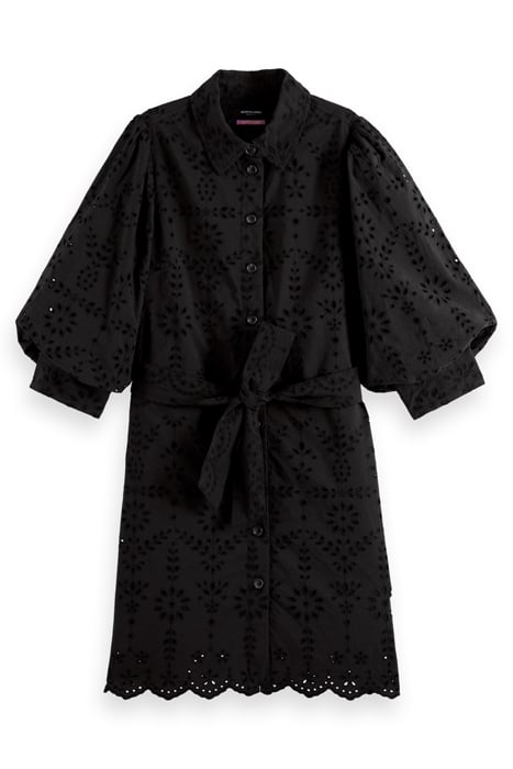 PUFF SLEEVE EMBROIDERED ORGANIC COTTON SHIRT DRESS BLACK 1