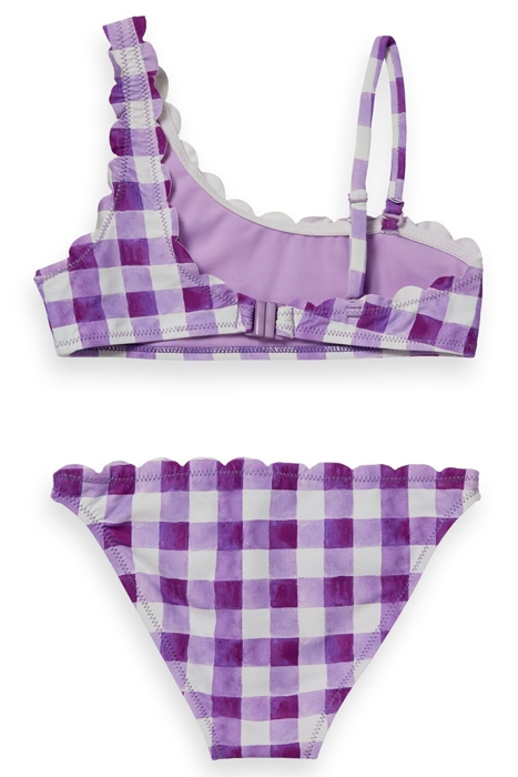 PRINTED CHECK SCALLOP EDGE ONE-SHOULDER BIKINI MULBERRY BIST 2