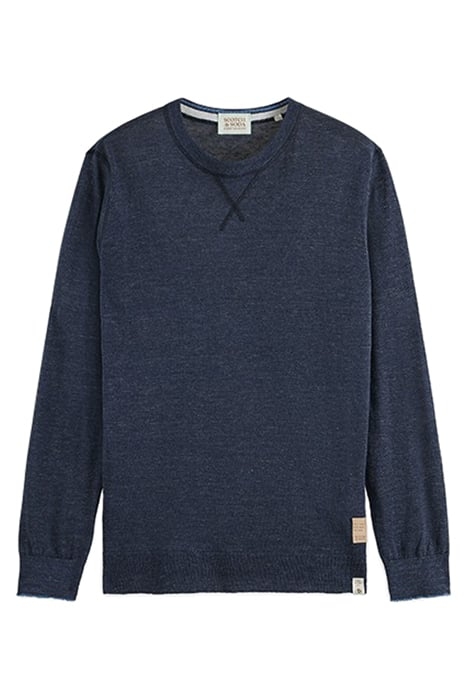 LINEN BLEND CREWNECK PULLOVER WITH FLATLOCK DETAILS NAVY MEL 1