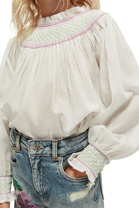 SMOCKED NECKLINE LIGHTWEIGHT COTTON TOP OFF WHITE 6