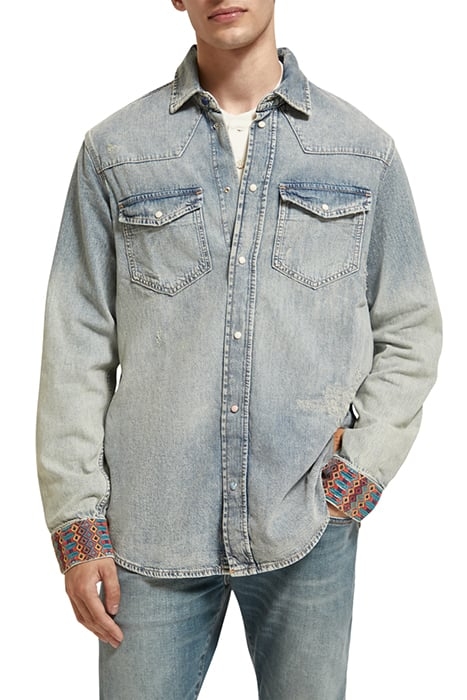 DENIM WESTERN SHIRT WITH DAMAGES AND EMBROIDERED CUFFS INDIG 1