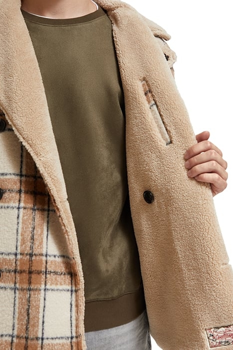 WOOL BLEND TEDDY LINED PEACOAT OFFWHITE CAMEL CHECK 8