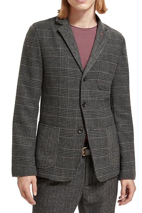 WOOL/ COTTON BLEND SINGLE-BREASTED BLAZER BLACK GREY CHECK 1