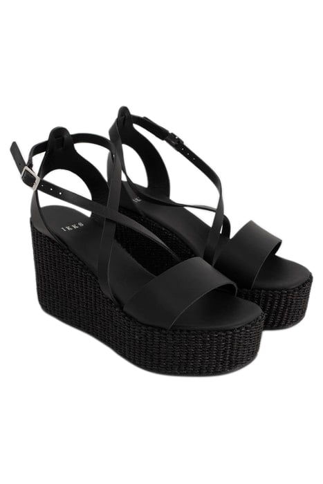 BLACK LEATHER RAFFIA HEEL WEDGE SANDALS 2