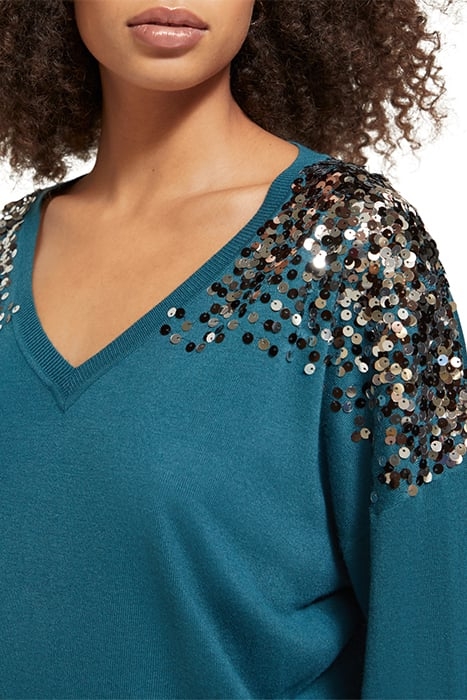 EMBELLISHED SHOULDER V NECK PULLOVER DARK TEAL 6
