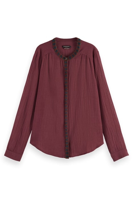 COLLARLESS SHIRT WITH A NECK AND PLACKET TRIM BORDEAUX 4