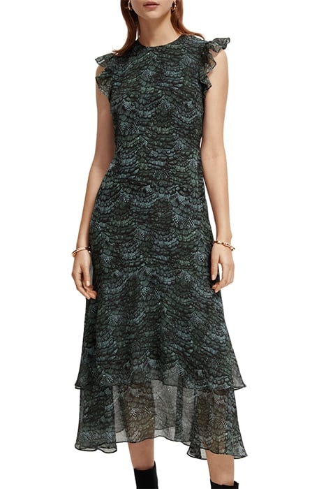 SLEEVELESS MIDI FLOUNCE DRESS FEATHER BOTTLE GREEN 1