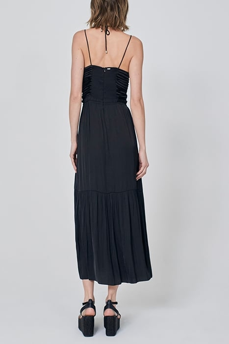 BLACK LONG RECYCLED DRAPED FRONT BUSTIER DRESS 1