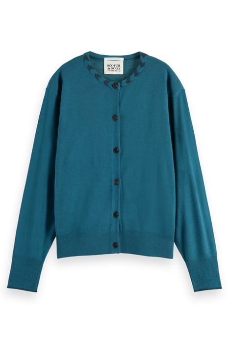JACQUARD TRIM CREW NECK CARDIGAN DARK TEAL 4