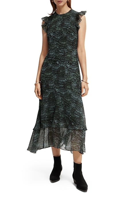 SLEEVELESS MIDI FLOUNCE DRESS FEATHER BOTTLE GREEN 2
