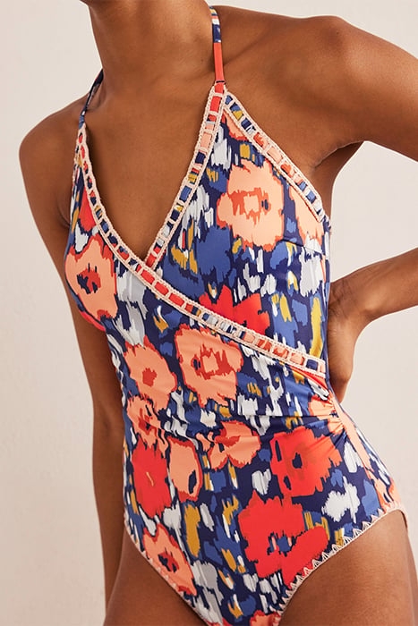 CROCHET TRIM WRAP SWIMSUIT NAVY, ABSTRACT POPPY 1