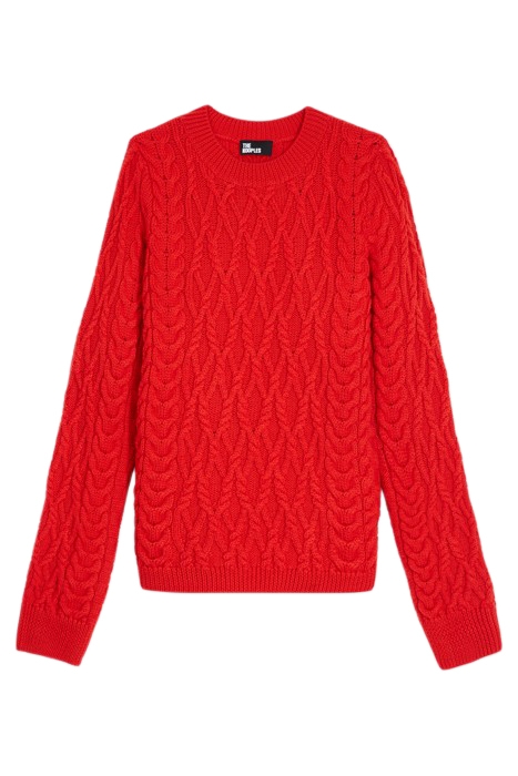 ROUND-NECK CABLE WOOL SWEATER TANGO RED 5