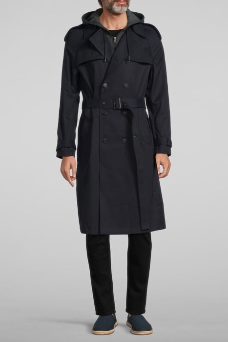 DARK NAVY LONG TRENCH COAT WITH GREY HOOD FACING NAVY 1