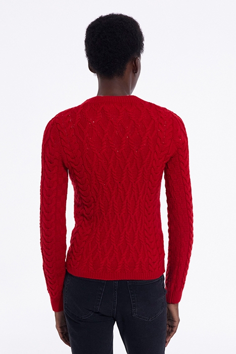 ROUND-NECK CABLE WOOL SWEATER TANGO RED 2