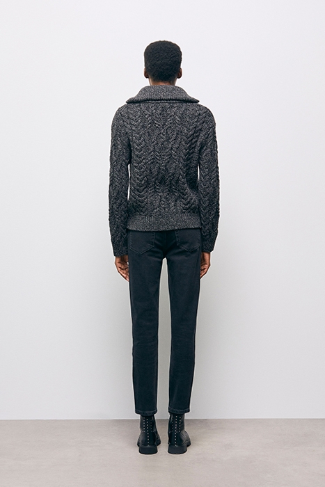 ZIP-UP TRUCK COLLAR SWEATER IN CABLE WOOL BLACK DARK GREY 3