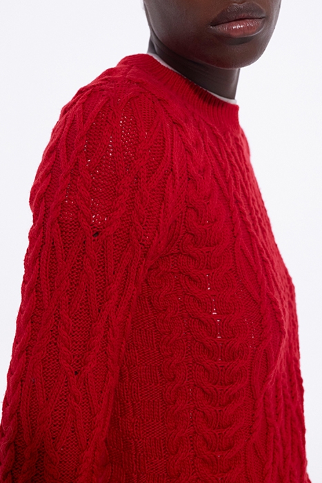 ROUND-NECK CABLE WOOL SWEATER TANGO RED 6