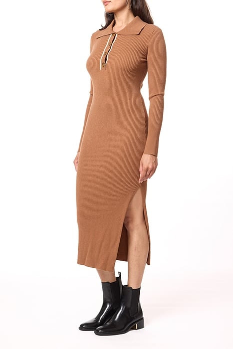 HENLEY MOCK NECK DRESS MEDIUM BROWN W/ IVORY CONTRAST 4