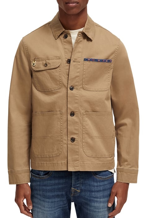 BEAD-TRIMMED TWILL WORKER JACKET TAUPE 1