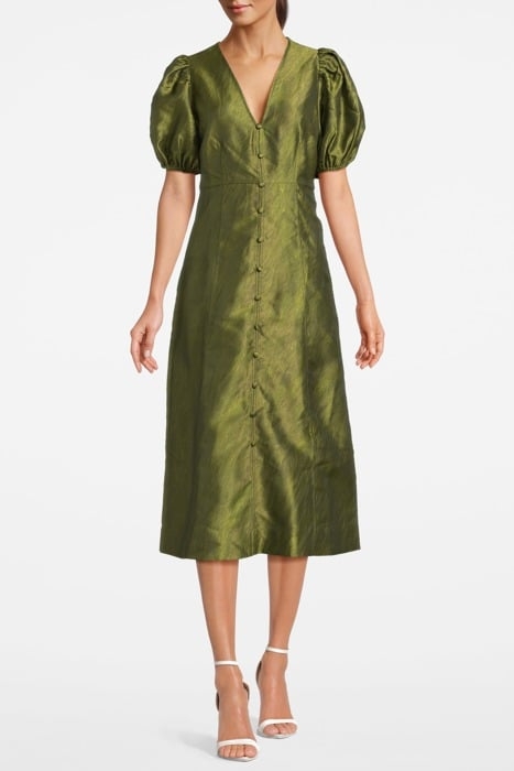 SHINY JACQUARD V-NECK MIDI DRESS AVOCADO 1