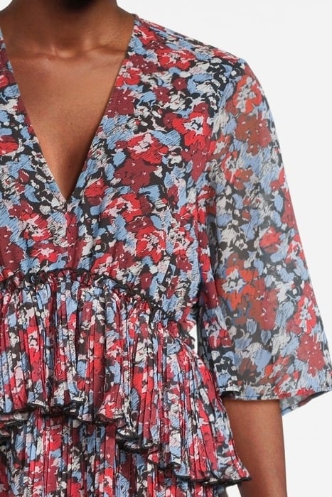 PLEATED GEORGETTE V-NECK FLOUNCE MINI DRESS HIGH RISK RED 4