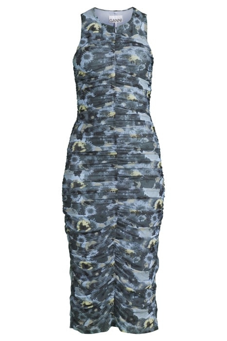 PRINTED MESH RUCHED SLEVELESS MIDI DRESS BRUNNERA BLUE 3